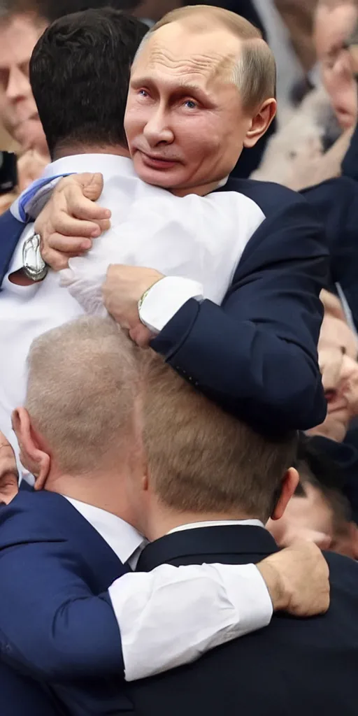 Prompt: Vladimir Putin gives Volodymyr Zelenskyy a warm and loving hug