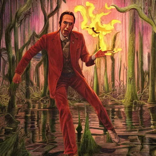 Image similar to a detailed gouche drawing of nicholas cage performing a voodoo magick ritual in the swamps of lousiana, award winning art, artstation, cinematic, magic realism