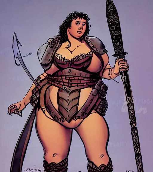 Image similar to 1 9 8 0 s fantasy novel book cover, bbw plus size amazonian 1 8 - year - old millie bobby brown in extremely tight bikini armor wielding a cartoonishly large sword, exaggerated body features, dark and smoky background, low quality print