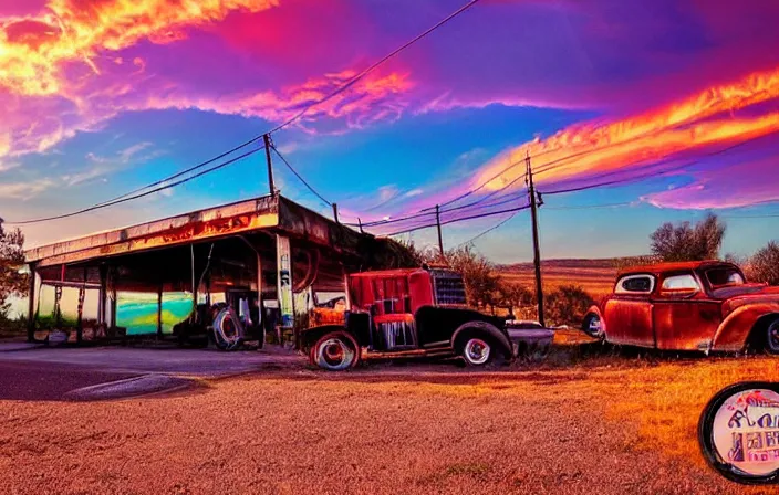 Image similar to a sunset light landscape with historical route 6 6, lots of sparkling details and sun ray ’ s, blinding backlight, smoke, volumetric lighting, colorful, octane, 3 5 mm, abandoned gas station, old rusty pickup - truck, beautiful epic colored reflections, very colorful heavenly, softlight