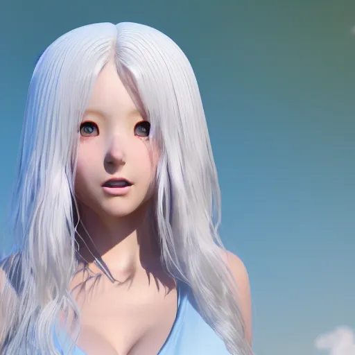 Image similar to Render of a beautiful 3d anime woman, long white hair, blue eyes, cute freckles, blush, full round face, soft smile, cute sundress, golden hour, serene beach setting, medium shot, mid-shot, hyperdetailed, trending on Artstation, Unreal Engine 4k