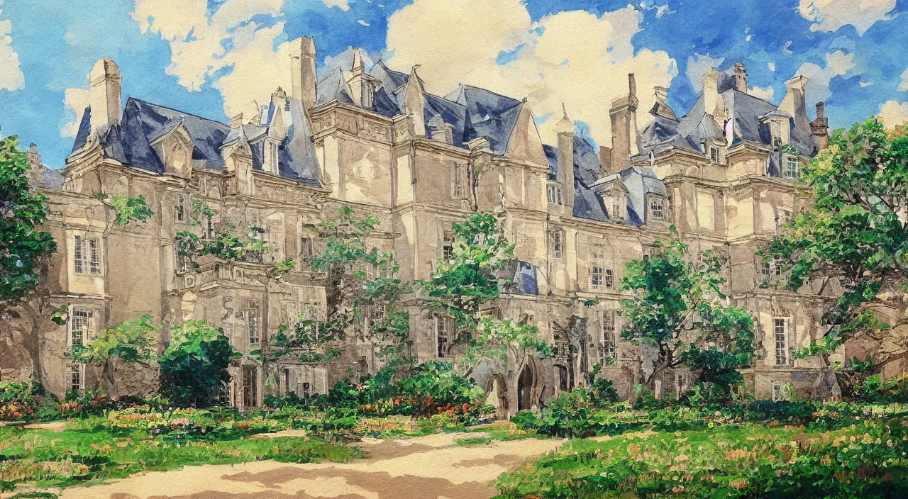 Image similar to a painting of a French manor, in the style of anime