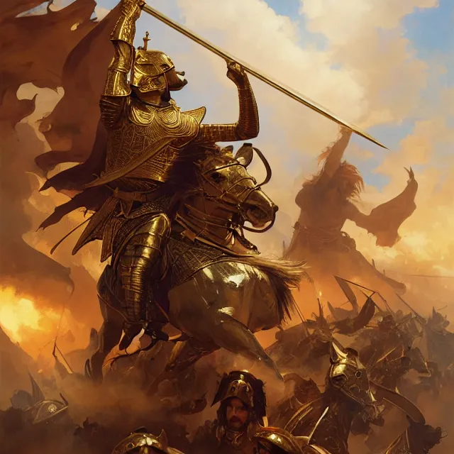 Image similar to battle of kings, medieval war, fire and dust and golden armor, action, dramatic lighting, intricate, wild, highly detailed, digital painting, artstation, concept art, smooth, sharp focus, illustration, art by artgerm and greg rutkowski and alphonse mucha