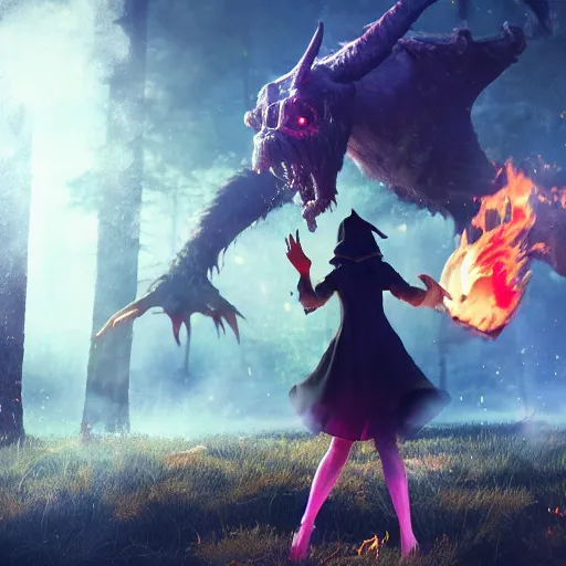 Prompt: novice young witch summoning a monstrous burning demonic behemoth realistic 4 k high definition artstation trending path traced contrast light and dark colorful bokeh massive scale cinematic breathtaking