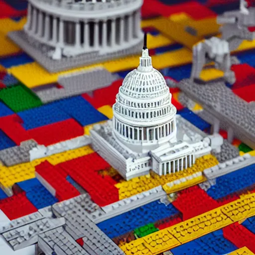 Prompt: washington dc, capitol building, legos, legoset, vintage, aerial view, double - exposure, 3 d, floodlight, ray tracing reflections