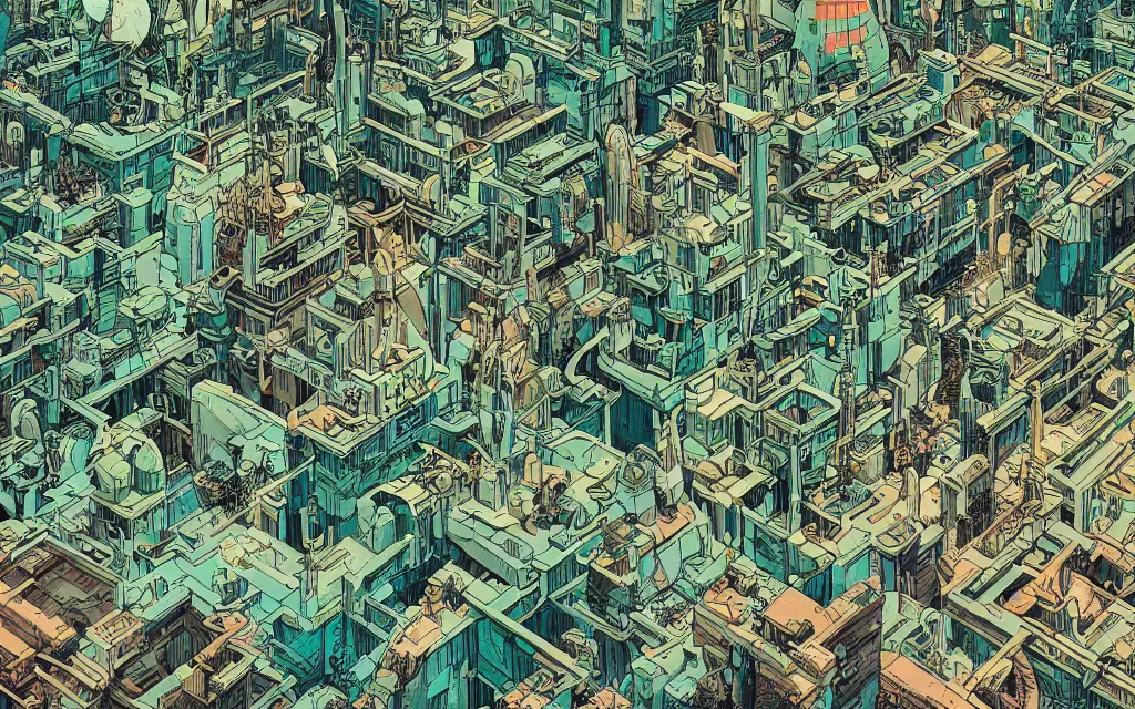 Image similar to very detailed, prophet graphic novel, ilya kuvshinov, mcbess, rutkowski, simon roy, illustration of a dense green alien megacity on a desert planet, alien architecture, seen from above, colorful, deep shadows, astrophotography