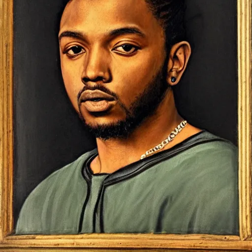 Image similar to a renaissance style portrait painting of kendrick lamar