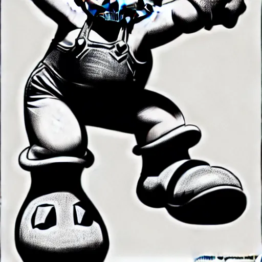 Image similar to mario stomping on a goomba, line art black and white, art by artgerm and greg rutkowski and alphonse mucha