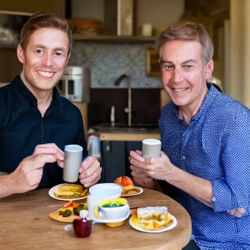 Prompt: two blokes having breakfast