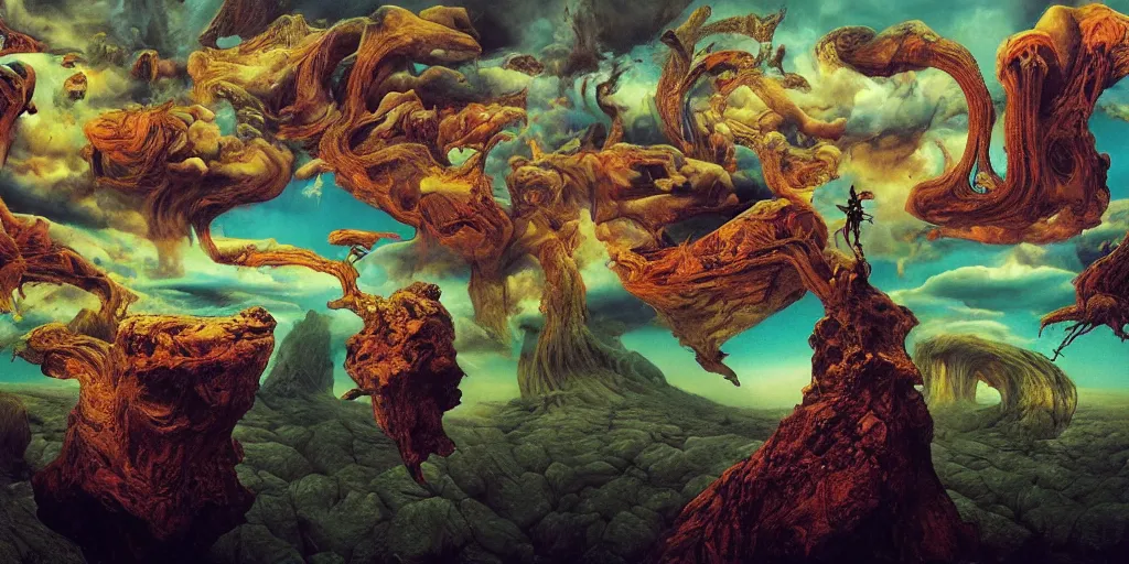 Image similar to ultrawide angle colour masterpiece surreal closeup portrait photography of surrealism by annie leibovitz and michael cheval, god mountain hybrid laying down, incredible sense of depth and perspective and clarity, weird surreal epic psychedelic complex biomorphic 3 d fractal landscape in background by kilian eng and roger dean and giger and salvador dali and beksinski, 8 k