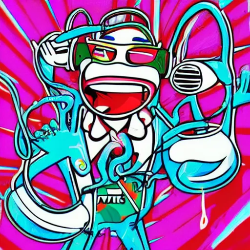 Image similar to artgerm, psychedelic laughing cybertronic mr. krabs, rocking out, headphones dj rave, digital artwork, r. crumb, svg vector