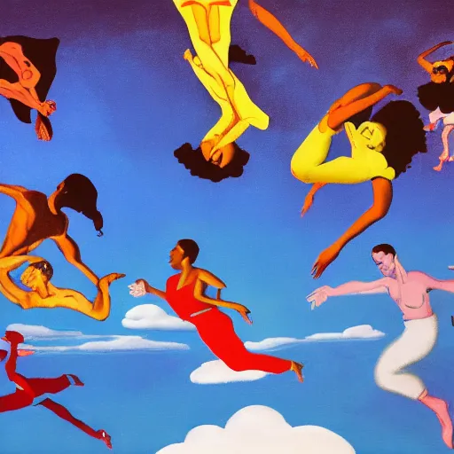 Image similar to a group of people flying through the air, an album cover by Robert Colescott, tumblr contest winner, sots art, glitchy, wallpaper, 2d