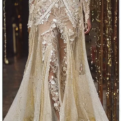 Image similar to a long wedding dress with a train made of flower petals made of light - colored fabric. transparent in places. in places, patterns of precious stones. intricate patterns of gold thin threads. fantasy. clear details