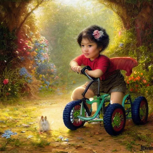 Image similar to a little hamster riding a tricycle, Lilia Alvarado, Sophie Anderson, Mark Arian, Bob Byerley, Charlie Bowater, Mark Brooks, Steve Henderson, Justin Gerard, Arthur Hughes, Edward Robert Hughes, Mark Keathley, Victor Nizovtsev, Carlos Shwabe, Ross Tran, WLOP