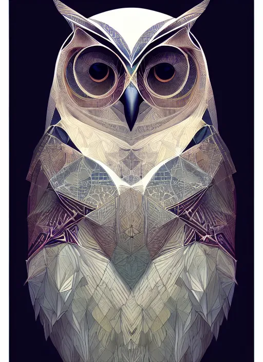 Image similar to portrait of a geometric owl, identical eyes, medium shot, illustration, full body made of white feathers, symmetrical, art stand, super detailed, cinematic lighting, and its detailed and intricate, gorgeous, by peter mohrbacher