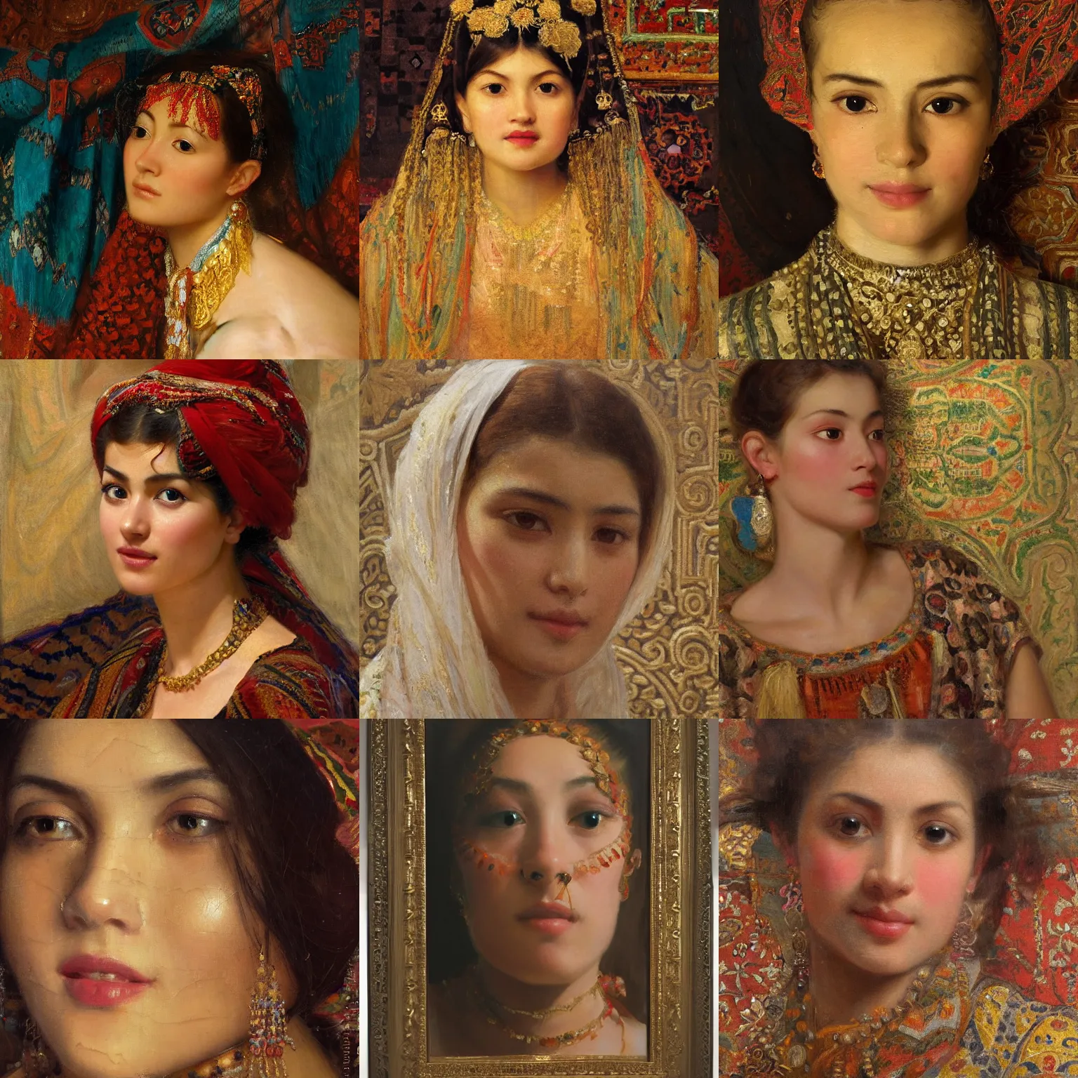 Prompt: orientalism face detail of a pretty young woman looking up at the camera while posing in front of an intricately patterned carpet by theodore ralli and nasreddine dinet and anders zorn and nikolay makovsky and edwin longsden long, oil on canvas, masterful intricate artwork, excellent lighting, high detail 8 k
