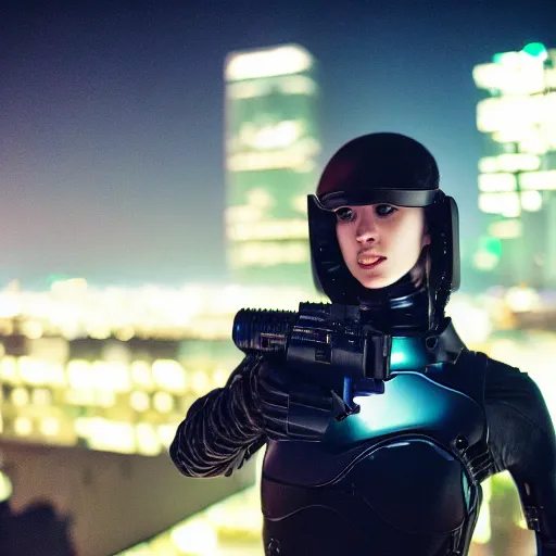 Image similar to cinestill 5 0 d candid photographic portrait of a techwear woman holding a gun on the rooftop of a futuristic city at night, closeup, modern cyberpunk moody emotional cinematic, clear skies, 8 k, hd, high resolution, 3 5 mm, f / 3 2, ultra realistic faces, ex machina