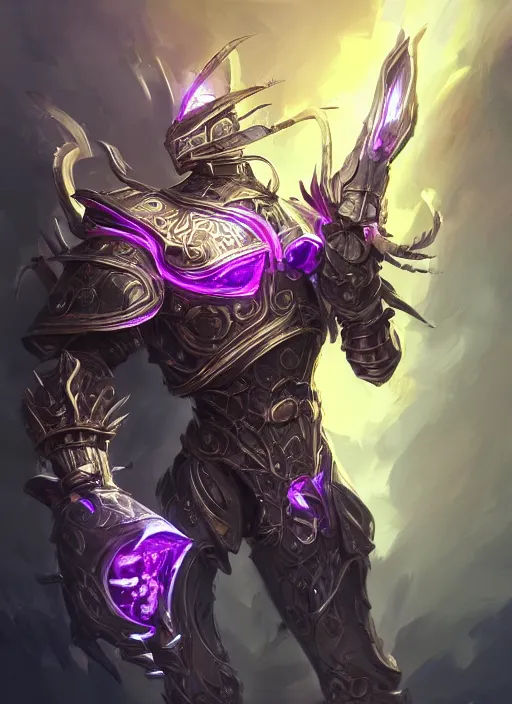 Prompt: a highly detailed illustration of futuristic cyber knight with flowing flaming plume with arm blades, rigid bulky armor, glowing purple line cracks in armor, dramatic standing pose, intricate, elegant, highly detailed, centered, digital painting, artstation, concept art, smooth, sharp focus, league of legends concept art, WLOP