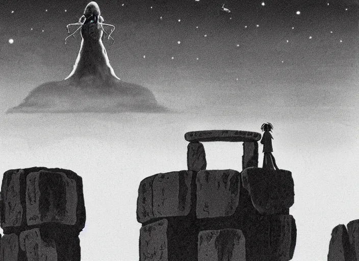 Prompt: a realistic cell - shaded studio ghibli concept art from paprika ( 2 0 0 6 ) of a floating alien from close encounters of the third kind ( 1 9 7 7 ) and a grey witch meditating on top of a pillar in a flooded stonehenge on a misty starry night. very dull colors, hd, 4 k, hq