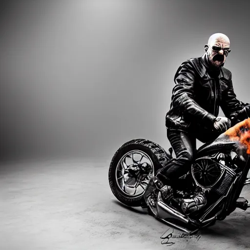 Prompt: angry walter white on a chopper motorbike, shotgun, extreme detail, studio light, photorealistic, gritty, movie still, cinematic, fire, smoke, soft focus, well edited, 8 k, sunglasses, atmospheric, dark, leather jacket