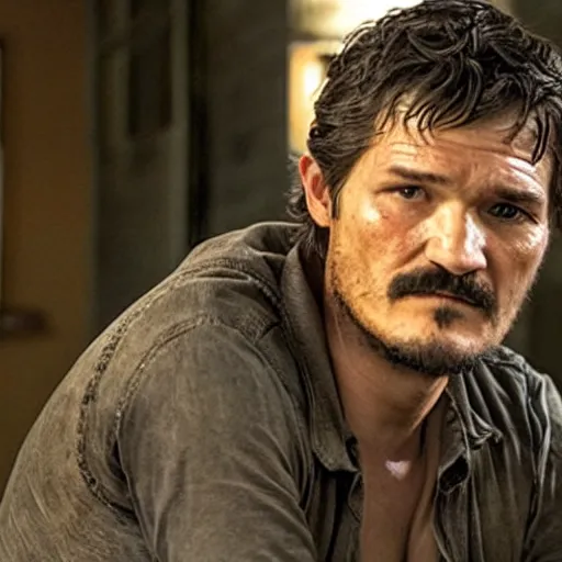 Prompt: Pedro Pascal as Joel in The Last Of Us Live action still from tv show