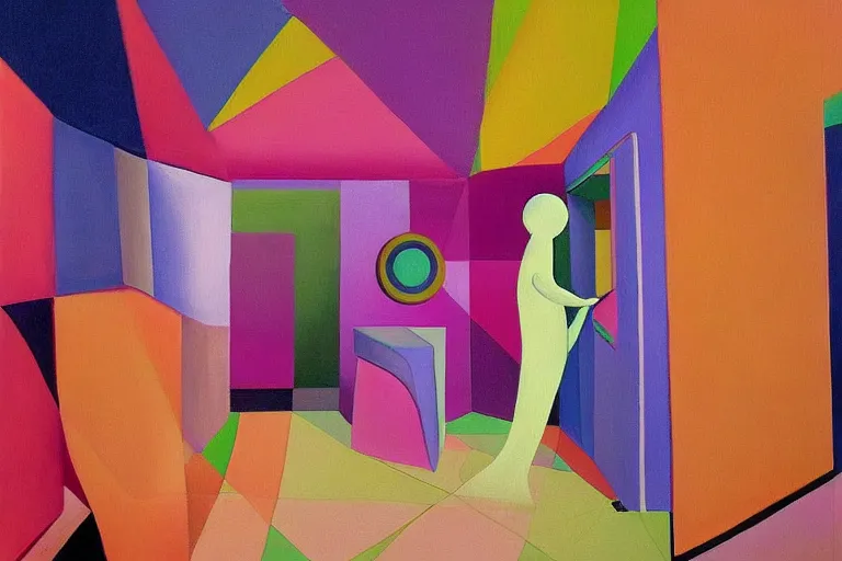 Prompt: An surreal painting of a figure walking upstairs into a mysterious room with geodesic shapes and patterns, pastel colours, vibrant, happy, uplifting,