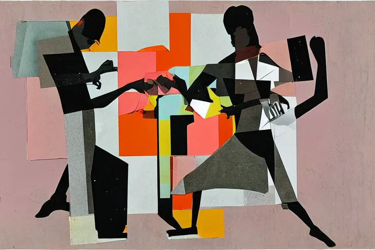 Image similar to Two still figures facing camera, they are fighting very angry, Chaotic, glitch art aesthetic, paper collage, style of Juan Gris, abstract