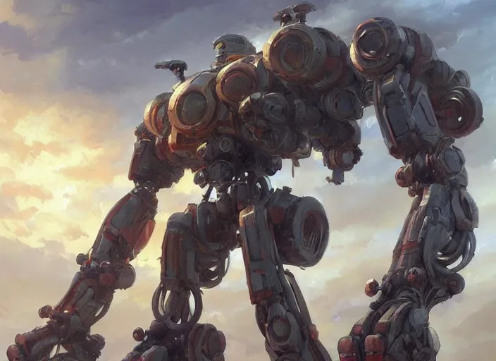 Image similar to an intricate oil painting of a giant anime robot with rounded and circular parts by steve henderson and greg rutkowski