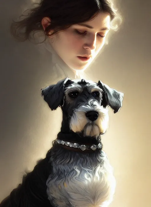 Image similar to portrait of stoic looking miniature schnauzer, black fir, white eyebrows, fantasy, intricate, elegant, highly detailed, digital painting, artstation, concept art, smooth, sharp focus, illustration, art by artgerm and greg rutkowski and alphonse mucha