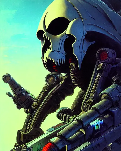 Image similar to reaper from overwatch, character portrait, portrait, close up, concept art, intricate details, highly detailed, vintage sci - fi poster, retro future, in the style of chris foss, rodger dean, moebius, michael whelan, and gustave dore