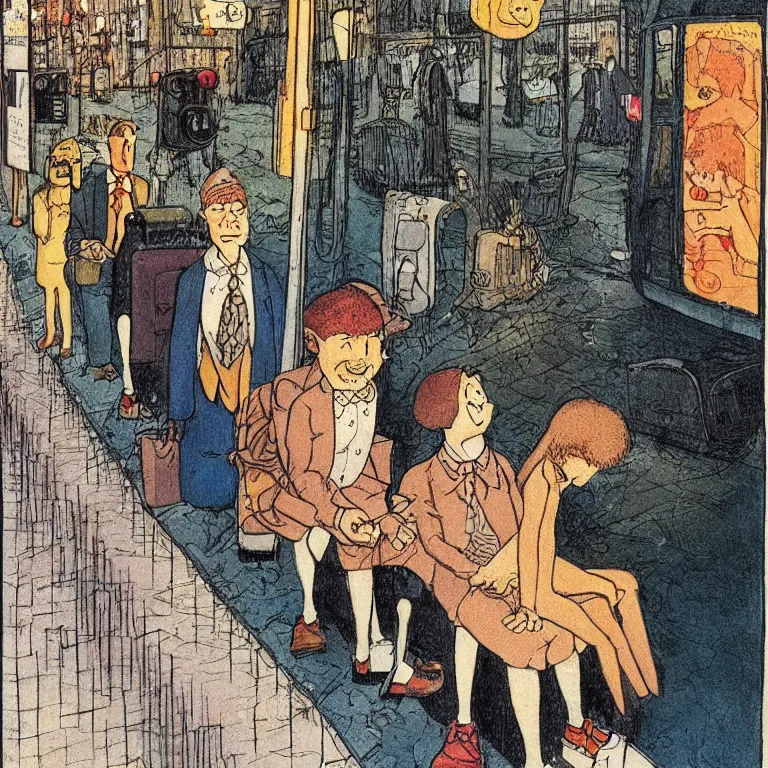 Image similar to some people waiting in bus stop in quiet dark city night, detailed, high quality, high resolution, color illustration by Winsor McCay little nemo