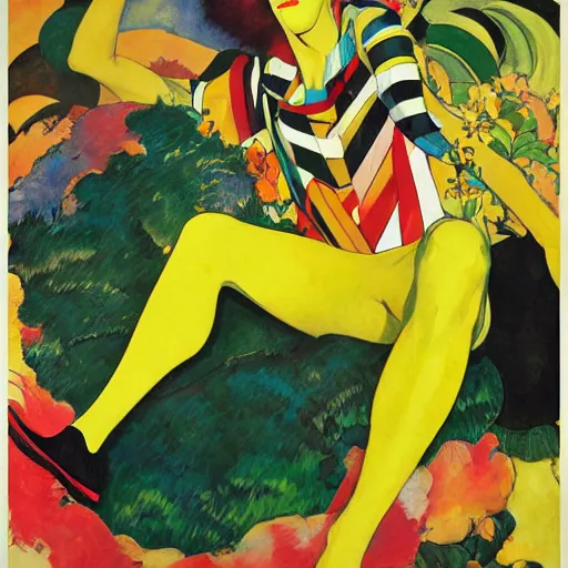 Prompt: art by joshua middleton, the yellow creeper, a tall manically smiling yellow - skinned man with green and black striped cycling shorts and wearing a long red feather boa, mucha, kandinsky, poster, comic art, stylised design