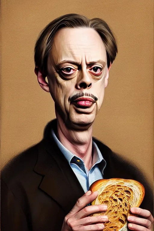 Image similar to beautiful portrait half steve buscemi wearing sourdough bread, by greg rutkowski