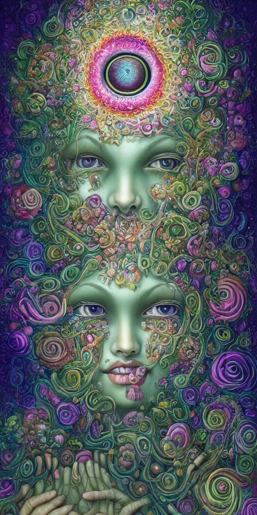 Image similar to a beautiful surrealist painting of deep dimensional realms of universal consciousness a beautiful face emerges with their third eye wide open by hanna yata, geenss archenti flores, digital art