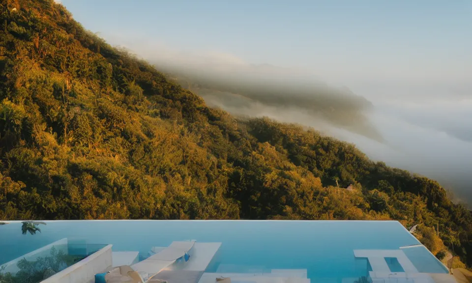 Prompt: 35mm film still, morning light over futuristic low-Fi villa in mountains high up, view over valley, fog in valley, the beach at a tropical island, vivid , color palette of gold, infinity pool in front of house