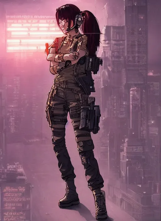 Image similar to Dangerous Mio. beautiful female Japanese cyberpunk mercenary wearing a cyberpunk tactical headset and military vest. Attractive face. Realistic Proportions. Concept art by James Gurney and Laurie Greasley. Moody Industrial skyline. ArtstationHQ. Creative character design for cyberpunk 2077.