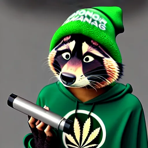 Image similar to a very relaxed stoner with a black hoodie on with a marijuana themed dark green raccoon head from zootopia, wearing beanie, holding a vape, 3 d render, extremely detailed fur, wearing a marijuana t - shirt