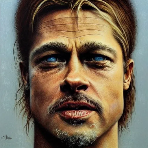 Prompt: a portrait of brad pitt painted by beksinski, 4 k, very detailed