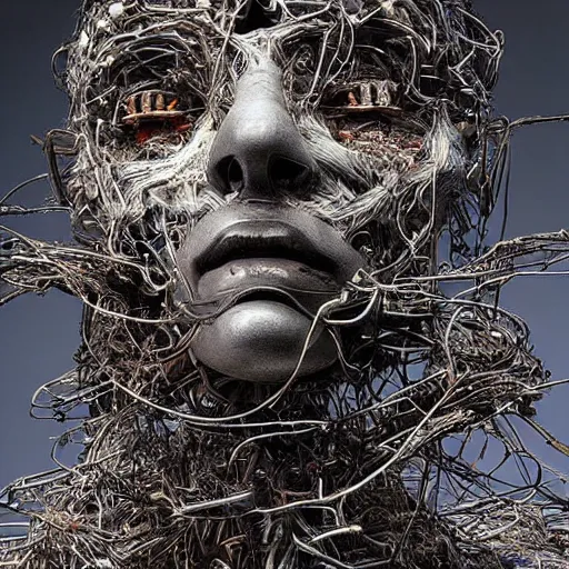 Prompt: “ hyperreal 8 k drawing art station trending of humanoid robot made from wiring and steel debris found in a scrapyard ”