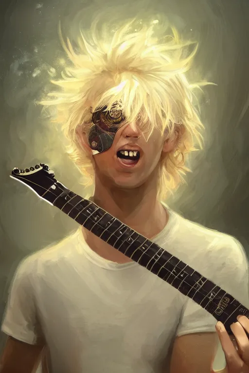 Image similar to blonde wild hair boy playing fender stratocaster, eye - patch, close - up portrait, plain white tshirt, powerfull, intricate, elegant, volumetric lighting, scenery, digital painting, highly detailed, artstation, sharp focus, illustration, concept art, ruan jia, steve mccurry