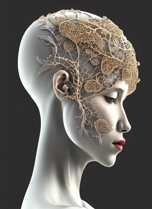 Prompt: complex 3d render ultra detailed of a beautiful porcelain translucent profile woman face, biomechanical ultradetailed cyborg, 150 mm, beautiful natural soft light, rim light, silver gold details, magnolia big leaves and stems, roots, fine foliage lace, maze like, mesh wire, ornate, intricate details, hyperrealistic, mandelbrot fractal, anatomical, red lips, white metal neocubism armor, facial muscles, cable wires, microchip, elegant, octane render, H.R. Giger style, 8k