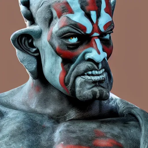 Image similar to photo of a highly detailled marble statue of darth maul, muscular man, star wars, old greek, sculpture, highly detailled