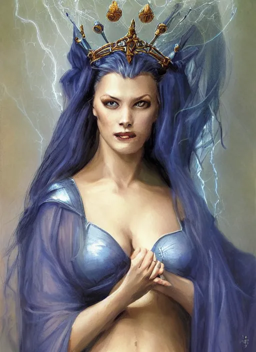 Image similar to portrait of mighty plump female sorceress, blue tiara and veil, lightning halo, strong line, muted color, beautiful! coherent! by brom