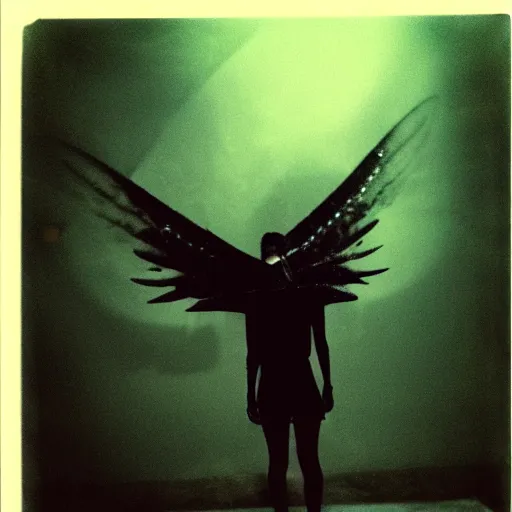 Image similar to a dark artistic photo of an alien creature with crazy wings, a polaroid photo