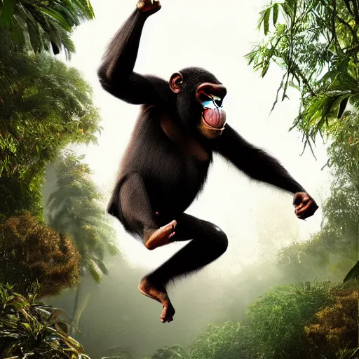 Image similar to Angry Chimpanzee Jumping, Epic Jump, Cinematic Photo, Cinematic Shot, Jungle, Foliage Boris Vallejo, Epic, 8k resolution, ArtStation, Hyperrealistic