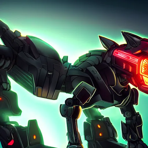 Image similar to highly detailed cinematic full body shot of a mecha canine, sharp claws, detailed maw, sleek armor, glowing visor, charging through city, digital art, furry art, furaffinity, deviantart, dragon art