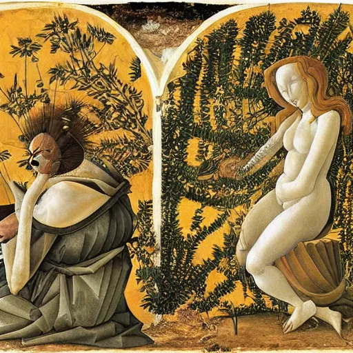 Prompt: a bee and beehive by sandro botticelli