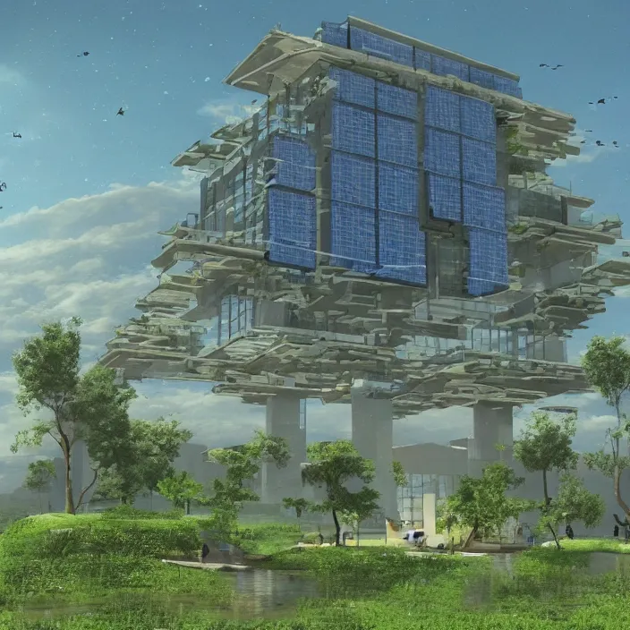 Image similar to a building in a serene landscape, solarpunk