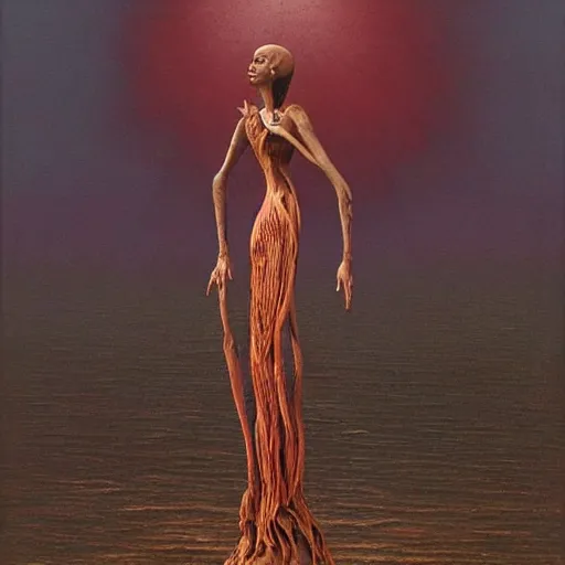 Prompt: unnerving, ornate by zdzislaw beksinski, by chris uminga naturalism. the kinetic sculpture of a young girl in a traditional hula outfit. she is standing on a surfboard in front of a beautiful ocean landscape.