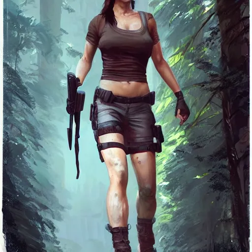 Prompt: photo of lara croft cuffed arrested by cops in a forest, 8 k, by greg rutkowski, artgerm,